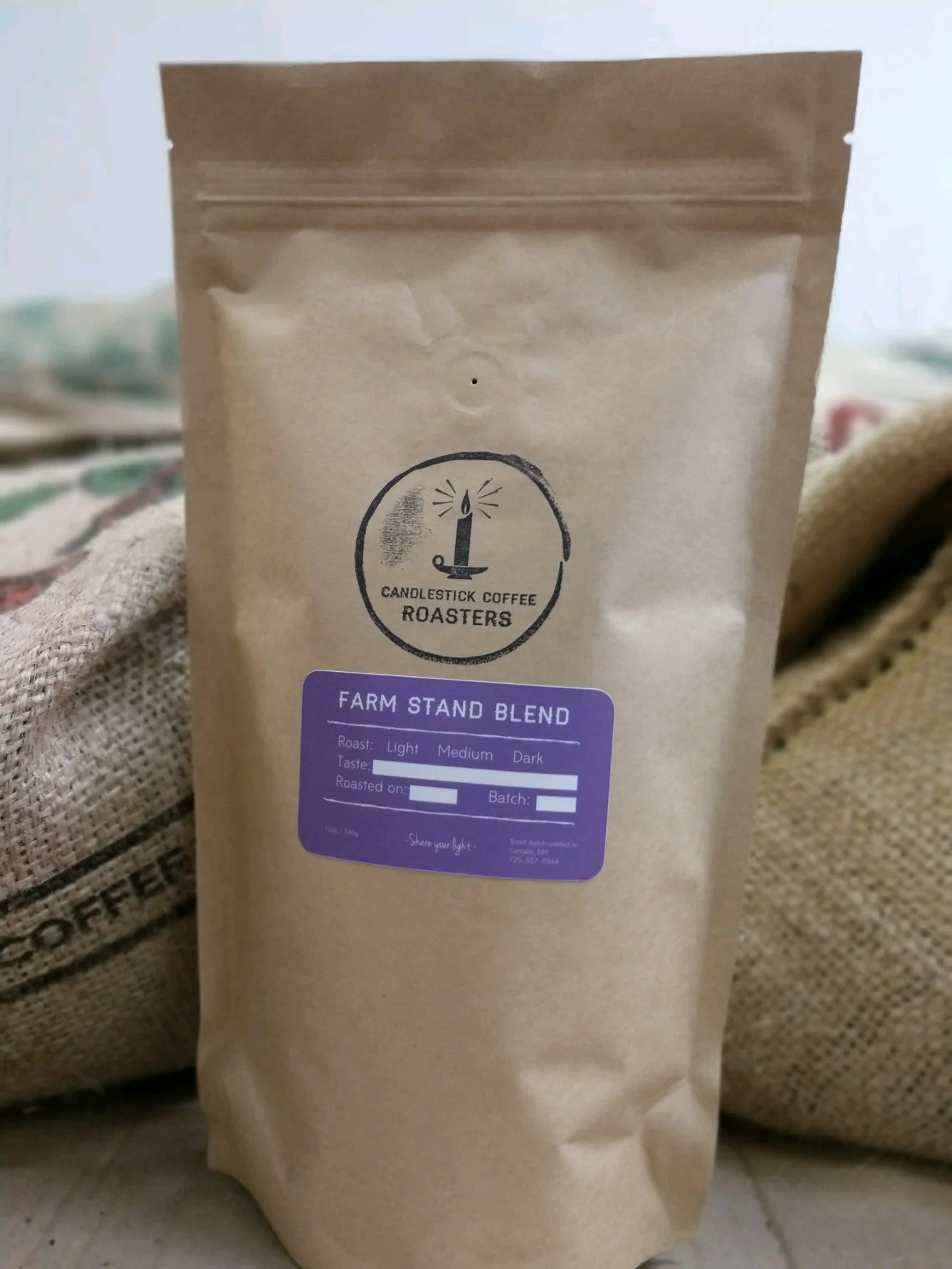 A bag of locally roasted Candlestick Coffee, Farm Stand Blend